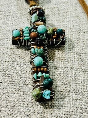 Treska Turquoise and Brown Beaded Cross Pendant Necklace